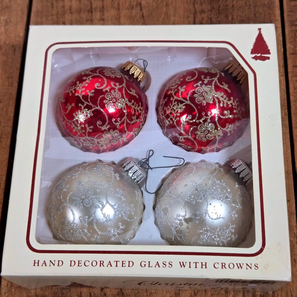 Christmas by Krebs Glass Ornaments Set of 4 Red Champagne Glitter Floral Crowns